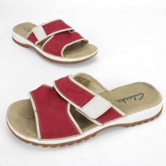 Clarks Canvas Slides Open Toe Strappy Sandals Red Womens Size 8M - Picture 2 of 7